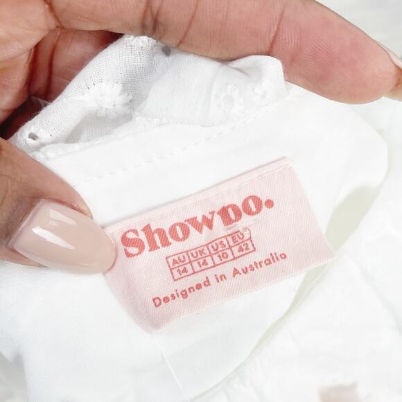 Showpo Banazir in White Broderie Adj. Shoulder tie asymmetrical ruffle‎ Size 10 - Picture 3 of 5